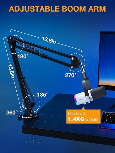 SUNMON RGB Boom Arm - Mic Arm With RGB Light, Adjustable 11 Light Modes, Microphone Boom Arm With Adapter Compatible with Fifine Microphone, Blue Yeti, HyperX QuadCast and Most Gaming Mic in Kuwait