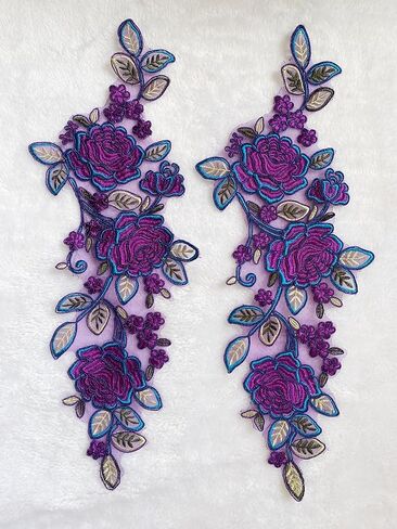 2PCS Multicolor Lace Fabric Patches Embroidery Applique Lace Floral Motif Wedding Dress Sewing Trims Decor 16X5.5inches (Red) in Saudi Arabia