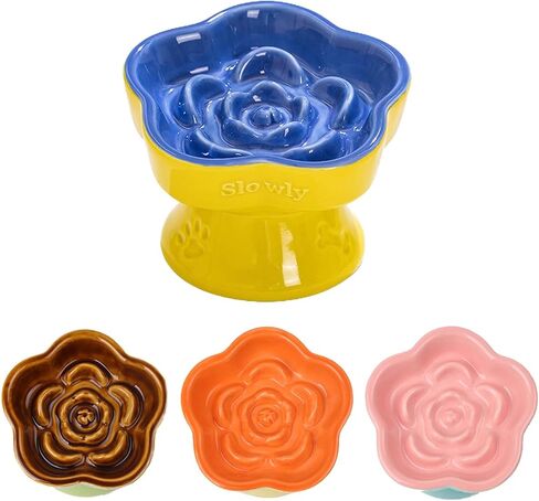 Raised Cat Slow Feeder Bowl, Ceramic Raised Pet Dishes, No Black Chin, Flower Shaped, for Dry and Wet Food, Non-Slip, Dishwasher Microwave Safe (Pink) in Kuwait
