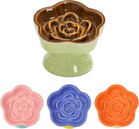 Raised Cat Slow Feeder Bowl, Ceramic Raised Pet Dishes, No Black Chin, Flower Shaped, for Dry and Wet Food, Non-Slip, Dishwasher Microwave Safe (Pink) in Saudi Arabia