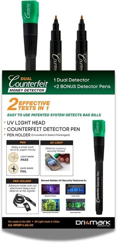 DRI Mark Dual Test Dual Test Penctor Pen ، حزمة مكافأة UV Light Head - مدقق فواتير الأموال المزيفة ، اختبارات لشرائط الأمان وورقة العملة الأصلية ، 1 UV Light/ 3 Lights in Kuwait