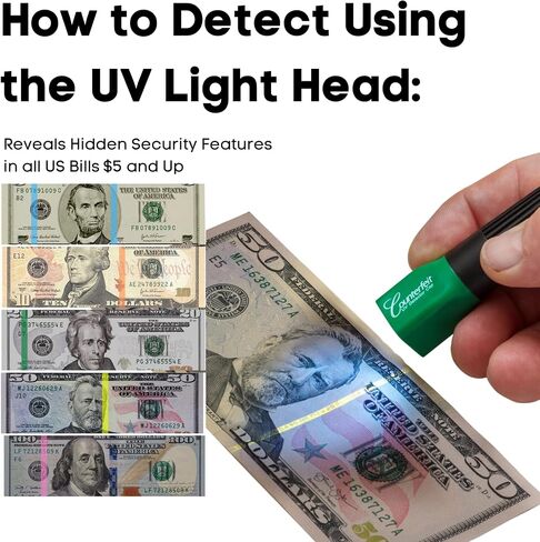 DRI Mark Dual Test Dual Test Penctor Pen ، حزمة مكافأة UV Light Head - مدقق فواتير الأموال المزيفة ، اختبارات لشرائط الأمان وورقة العملة الأصلية ، 1 UV Light/ 3 Lights in Kuwait