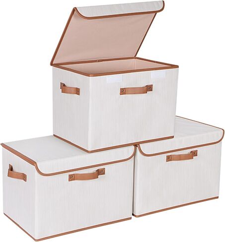 Univivi Heavy Duty Fabric Storage Bins with Lid, Large 17" 10 Gallon Stackable Storage Bins with Leather Handles, Decorative Storage Boxes with Lids for Bedroom, Closet, Nursery, Office, 3-Pack(Grey) in Kuwait