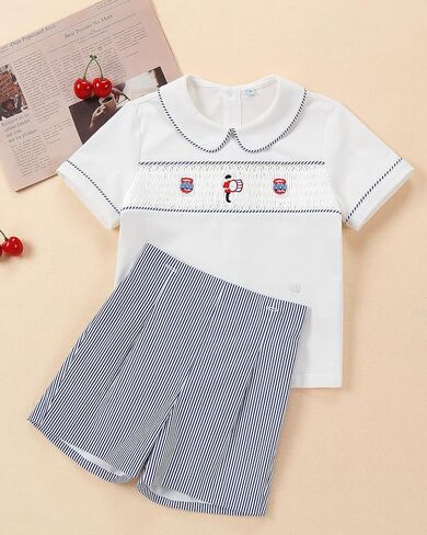 Smocked toddler boy outfits Summer Cotton Short Sleeve boys' button-down shirts Casual 2 piece Clothing Set in Kuwait