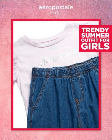 AEROPOSTALE Girls' Pants Set - 2 Piece All Over Print Graphic Tee and Denim Cargo Pants - Casual Outfit for Girls (7-16) in Saudi Arabia