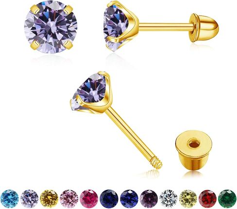 Round Cubic Zirconia Stud Earrings for Women Girls, 4mm Birthstone Stud Earrings Hypoallergenic Flat Back Stud Earrings Stainless Steel Cartilage Earrings Brilliant Handmade Screw Back Earrings in Saudi Arabia