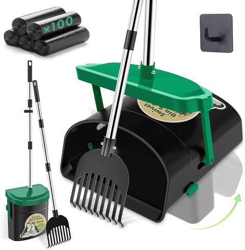 UPSKY Dog Pooper Scooper Swivel Bin & Rake Kit with 100 Waste Bags,33.4" Stainless Steel Long Handle Heavy Duty Pet Poop Shovel for Large Medium Small Dogs, Odor-Proof Lid for Yard/Lawn/Outdoor Use in Kuwait