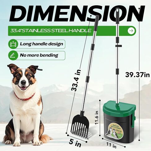 UPSKY Dog Pooper Scooper Swivel Bin & Rake Kit with 100 Waste Bags,33.4" Stainless Steel Long Handle Heavy Duty Pet Poop Shovel for Large Medium Small Dogs, Odor-Proof Lid for Yard/Lawn/Outdoor Use in Kuwait