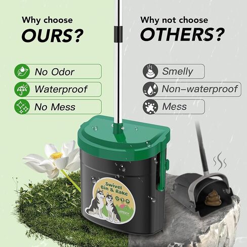 UPSKY Dog Pooper Scooper Swivel Bin & Rake Kit with 100 Waste Bags,33.4" Stainless Steel Long Handle Heavy Duty Pet Poop Shovel for Large Medium Small Dogs, Odor-Proof Lid for Yard/Lawn/Outdoor Use in Kuwait