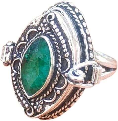 حلقة السم القديمة | الزمرد ، حلقة السم | مقصورة سرية | Boho Hippie | 925 Sterling Silver Plated | هدية عيد الهالوين ، حلقة حبوب منع الحمل ، هدايا عيد الأم (8.5) in Saudi Arabia