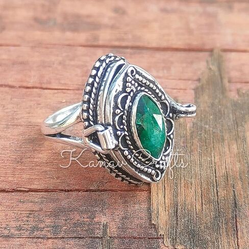 حلقة السم القديمة | الزمرد ، حلقة السم | مقصورة سرية | Boho Hippie | 925 Sterling Silver Plated | هدية عيد الهالوين ، حلقة حبوب منع الحمل ، هدايا عيد الأم (8.5) in Saudi Arabia