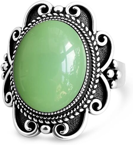 Natural Oval Green Dongling Jade Stone Boho Ring,Retro Antique S925 Sterling Silver Crystal Quartz Gemstone Wide Chunky Bohemian Statement Ring Jewelry for Women Her (A05_Dongling Jade, 8) in Saudi Arabia