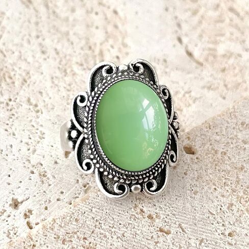 Natural Oval Green Dongling Jade Stone Boho Ring,Retro Antique S925 Sterling Silver Crystal Quartz Gemstone Wide Chunky Bohemian Statement Ring Jewelry for Women Her (A05_Dongling Jade, 8) in Saudi Arabia