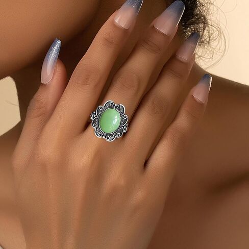 Natural Oval Green Dongling Jade Stone Boho Ring,Retro Antique S925 Sterling Silver Crystal Quartz Gemstone Wide Chunky Bohemian Statement Ring Jewelry for Women Her (A05_Dongling Jade, 8) in Saudi Arabia