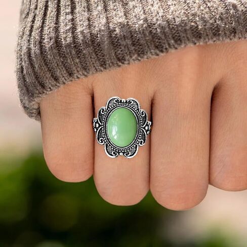Natural Oval Green Dongling Jade Stone Boho Ring,Retro Antique S925 Sterling Silver Crystal Quartz Gemstone Wide Chunky Bohemian Statement Ring Jewelry for Women Her (A05_Dongling Jade, 8) in Saudi Arabia