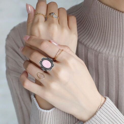 Natural Oval Green Dongling Jade Stone Boho Ring,Retro Antique S925 Sterling Silver Crystal Quartz Gemstone Wide Chunky Bohemian Statement Ring Jewelry for Women Her (A05_Dongling Jade, 8) in Saudi Arabia