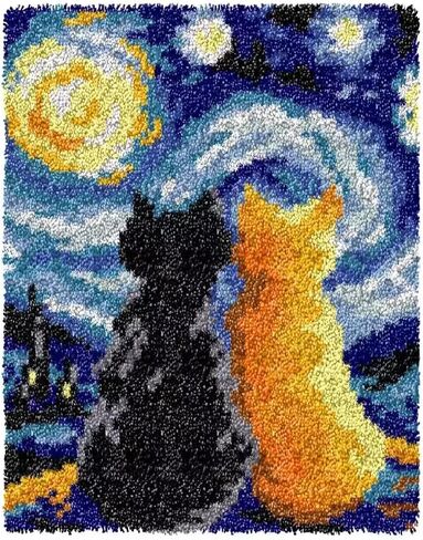 Glaecyy Latch Hook Kits Rug Crochet خيوط خيوط طقم مع Starry Night Cat Color Canvas Canvas Brugwork Hook و Latch Kit Kids Decoration 20.5'x15 '' (Cat) in Kuwait