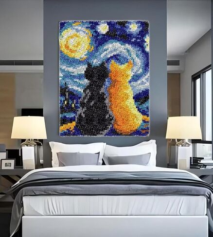 Glaecyy Latch Hook Kits Rug Crochet خيوط خيوط طقم مع Starry Night Cat Color Canvas Canvas Brugwork Hook و Latch Kit Kids Decoration 20.5'x15 '' (Cat) in Kuwait
