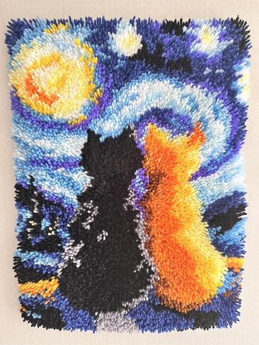 Glaecyy Latch Hook Kits Rug Crochet خيوط خيوط طقم مع Starry Night Cat Color Canvas Canvas Brugwork Hook و Latch Kit Kids Decoration 20.5'x15 '' (Cat) in Kuwait