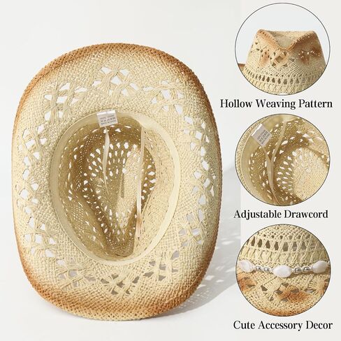 Straw Cowboy Hat for Women, Western Beach Coastal Cowgirl Hat with 2 Replacement Hat Bands, Shapeable Brim Beige in Saudi Arabia