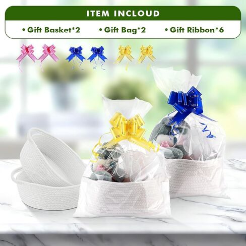 2 Pack Small Woven Baskets with Gift Bags and Bows, Gift Basket Empty with Handle, Cotton Rope Baskets Wrapping Plastic for Baby Shower, Mini Easter Basket for Storage, Decorative Organizing Bags, White in Saudi Arabia