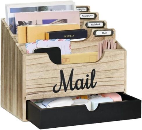 Wood Desktop Mail Organizer, Mail Organizer Countertop with 4 Compartments and Drawer, Wood Mail Holder Sorter Organizer Holder for File Letter Paper Folder, Black Wooden Desk Organizer in Saudi Arabia