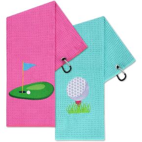 Vansolinne Golf Gifts for Women Golf Towels for Golf Bags with Clips Accessories Microfiber Waffle Pattern Pink Blue for Golf Fan Funny Birthday Retirement Gifts, Set of 2