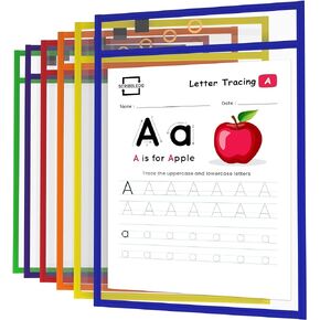 Scribbledo Reusable Dry Erase Sleeves, 6 Pack with Marker Holder, Colorful Pocket Sleeves for School or Work, Assorted Colors Sheet Protectors and Ticket Holders