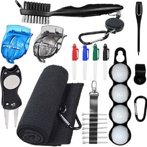 Golf Accessories Kit - Includes Towel, Ball Holder, Brush, Divot Repair Tool, 2 Ball Alignment Stencil, Tee Holder, Putting Marker