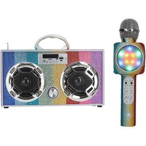 Bling Bundle - LED Mini Boombox with Radio and Bluetooth - Bluetooth Karaoke Microphone - Radio Microphone Bundle (Rainbow Bling)
