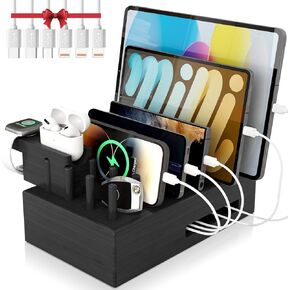 7 in 1 Bamboo Charging Station for Multiple Devices - Darfoo Wood Charging Dock Organizer, 7 USB Charging Ports Compatible with Cell Phones, Tablet, Smart Watch & Earbud(Black)