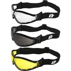3 Pairs of Birdz Eyewear Boogie Black Foam Padded Motorcycle Z87.1 Safety Skydiving Goggles with Clear Smoke & Yellow Anti-Fog Lenses