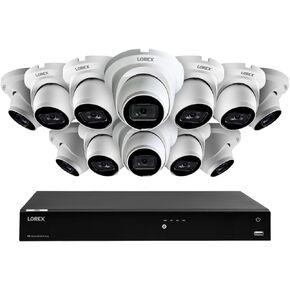 نظام Lorex 4K 8MP 16 كاميرا (سلكي أو فيوجن واي فاي) نظام PoE NVR سعة 4 تيرابايت مع 12 كاميرا IP Dome - رؤية ليلية ملونة، كشف الحركة الذكية (شخص/مركبة)، IP67، الاستماع إلى الصوت (أبيض)