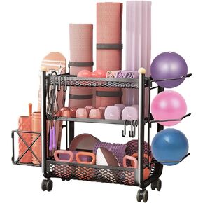 Weight Rack for Home Gym Yoga Mat Storage Rack, Workout Storage Organizer With Hooks and Wheels，Home Gym Storage Rack for Dumbbells Foam Roller, Yoga Strap and Resistance Bands,Black YGS001 in Kuwait
