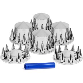 33mm Axle Cover Chrome Pointed Combo Kit Spike Screw-on Lug Nut Covers with 2 Front and 4 Rear Axle Wheel Covers Removable Hub Caps for Semi Truck (Installation Tool Included)