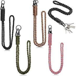 4 PCS Heavy Duty Paracord Lanyard Necklace Whistles Strap Braided 550 Keychain for Men Women Outdoor Survival, Parachute Rope Necklace Keychains with HK Clip Key Ring for ID Card Badge Holder, Wallet