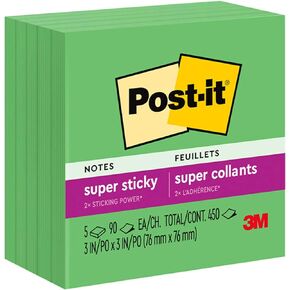 Post-it Super Sticky Notes, 5 Sticky Note Pads, 3 x 3 in., School Supplies, Office Products, Sticky Notes for Vertical Surfaces, Monitors, Walls and Windows,Lucky Green