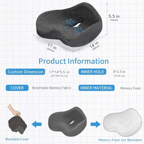 وسادة مقعد من إسفنج الذاكرة بنسبة 100% لتخفيف الضغط على العصعص لساعات طويلة من الجلوس على كرسي المكتب/المنزل، السيارة، الكرسي المتحرك (رمادي) in Kuwait