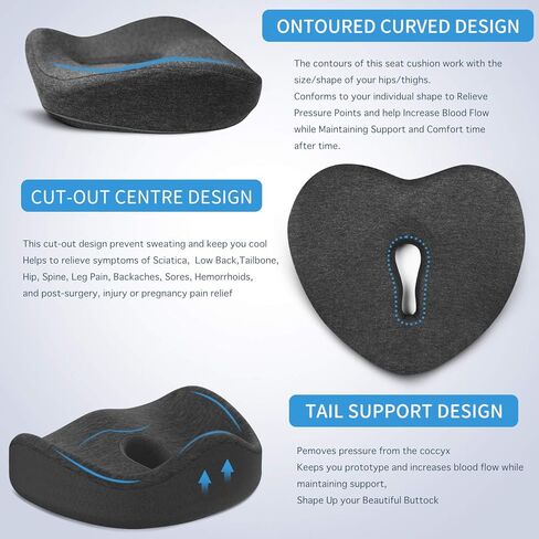 وسادة مقعد من إسفنج الذاكرة بنسبة 100% لتخفيف الضغط على العصعص لساعات طويلة من الجلوس على كرسي المكتب/المنزل، السيارة، الكرسي المتحرك (رمادي) in Kuwait