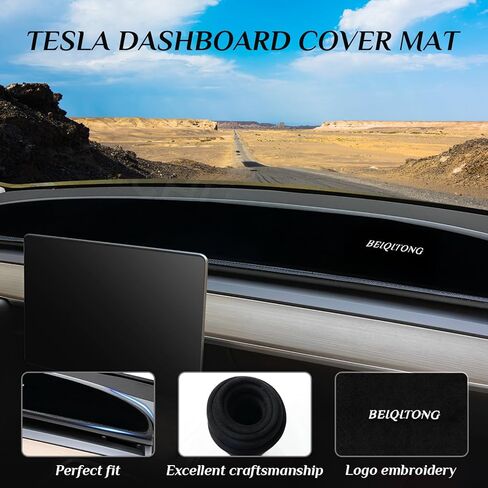 غطاء لوحة القيادة Fit Tesla Model 3/Y، حصيرة غطاء لوحة القيادة من الفلانيل متوافقة مع Tesla Model Y Model 3 2017-2021 2022 2023 أغطية داخلية مزخرفة للوحة القيادة ملحقات Tesla، أسود in Kuwait