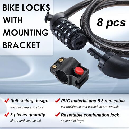 8 Pcs Bicycle Cable Locks High Security 4 Digit Bike Lock Cable with Mounting Bracket 4 Feet Resettable Coiling Bike Rack Lock Heavy Duty Anti Theft Cable Locks with Combination, 1/2 Inch Diameter in Saudi Arabia