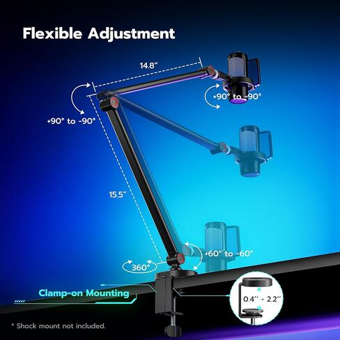 ذراع ميكروفون مع إضاءة RGB، حامل ذراع ميكروفون من الألومنيوم، حامل ذراع ميكروفون قابل للتعديل لـ Blue Yeti HyperX QuadCast SoloCast Shure SM7B MV7 Fifine K669B AM8 وغيرها من الميكروفونات in Kuwait