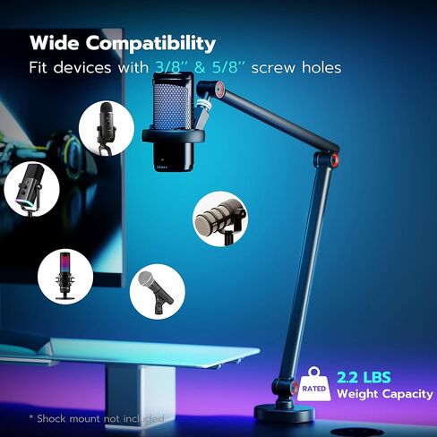 ذراع ميكروفون مع إضاءة RGB، حامل ذراع ميكروفون من الألومنيوم، حامل ذراع ميكروفون قابل للتعديل لـ Blue Yeti HyperX QuadCast SoloCast Shure SM7B MV7 Fifine K669B AM8 وغيرها من الميكروفونات in Kuwait