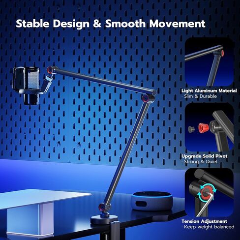 ذراع ميكروفون مع إضاءة RGB، حامل ذراع ميكروفون من الألومنيوم، حامل ذراع ميكروفون قابل للتعديل لـ Blue Yeti HyperX QuadCast SoloCast Shure SM7B MV7 Fifine K669B AM8 وغيرها من الميكروفونات in Kuwait