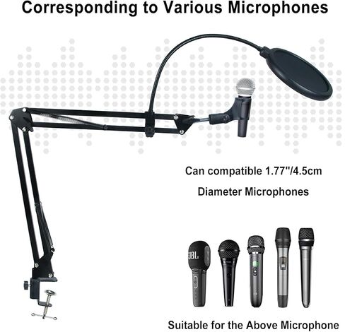 حامل ميكروفون لجهاز Blue Yeti، ذراع ميكروفون لتعليق ذراع الميكروفون لـ HyperX QuadCast مع فلتر بوب كبير جدًا ومشبكين ميكروفون للغناء والبودكاست والبث والألعاب والمكتب المنزلي in Kuwait