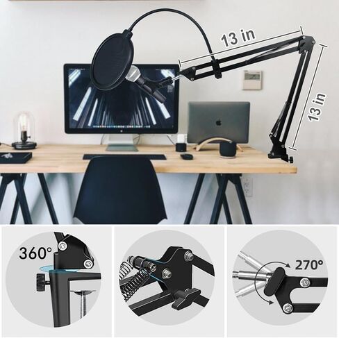 حامل ميكروفون لجهاز Blue Yeti، ذراع ميكروفون لتعليق ذراع الميكروفون لـ HyperX QuadCast مع فلتر بوب كبير جدًا ومشبكين ميكروفون للغناء والبودكاست والبث والألعاب والمكتب المنزلي in Kuwait