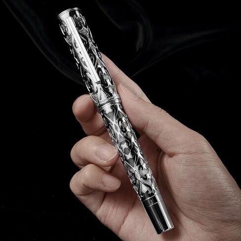 Hongdian D1 Piston Fountain Pen Extra Fine Soft Nib, Jet Black Hollow Skeleton & Resin Pen with Metal Case Set in Saudi Arabia