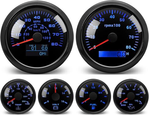 مجموعة قياس 6 7 ألوان - عداد سرعة GPS 3-3/8 بوصة 85 مم 80 ميل في الساعة/120 كم/ساعة ومقياس سرعة الدوران، مقياس ضغط الزيت 2-1/16 بوصة 52 مم، درجة حرارة الماء، مستوى الوقود، الفولتميتر مقاوم للماء لشاحنة قارب السيارة (أسود) in Kuwait