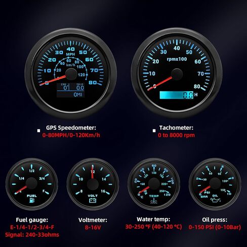 مجموعة قياس 6 7 ألوان - عداد سرعة GPS 3-3/8 بوصة 85 مم 80 ميل في الساعة/120 كم/ساعة ومقياس سرعة الدوران، مقياس ضغط الزيت 2-1/16 بوصة 52 مم، درجة حرارة الماء، مستوى الوقود، الفولتميتر مقاوم للماء لشاحنة قارب السيارة (أسود) in Kuwait