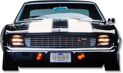 SUNBELTGIFTS 1969 شيفروليه كامارو خطوط سوداء وبيضاء للسيارة، علامة مصد الشواية الأمامية مقاس 22 × 13 بوصة، 2 رطل، صنع في الولايات المتحدة الأمريكية، طلاء مسحوق فولاذي قياس 20 من أجل المتانة واللمسة النهائية اللامعة، سهل التركيب in Kuwait